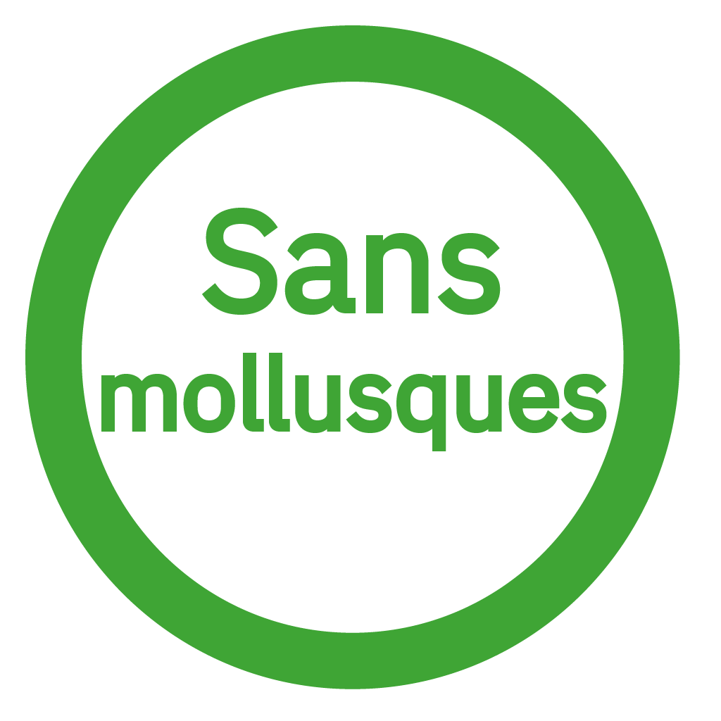 Sans mollusques (par exemple escargots, limaces, moules et pieuvres) - Free from molluscs (e.g. snails, slugs, mussels, and octopuses)